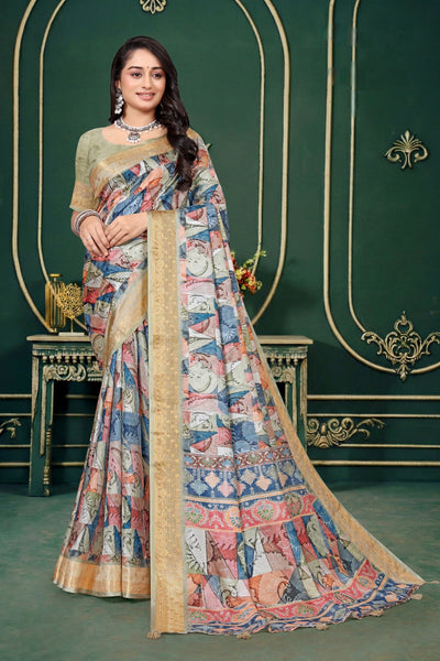 102210 Designer Soft Dola Silk Flower Printed Saree with Zari Weaving Border