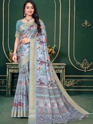 102209 Designer Soft Dola Silk Flower Printed Saree with Zari Weaving Border