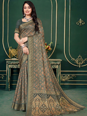 102207 Designer Soft Dola Silk Flower Printed Saree with Zari Weaving Border