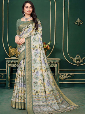102206 Designer Soft Dola Silk Flower Printed Saree with Zari Weaving Border