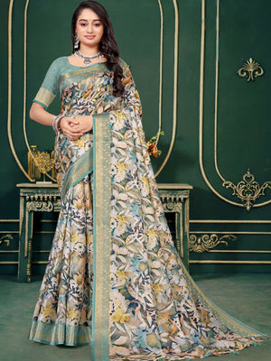 102202 Designer Soft Dola Silk Flower Printed Saree with Zari Weaving Border