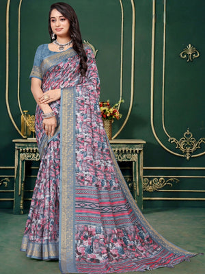 102201 Designer Soft Dola Silk Flower Printed Saree with Zari Weaving Border