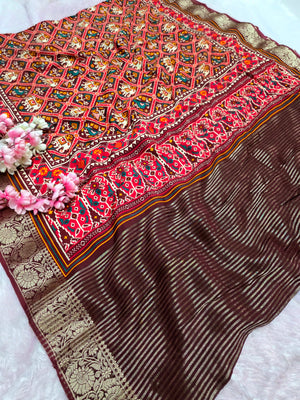 102302 Beautiful Pure Maslin Silk Patola Print Saree with Zari Weaving Border