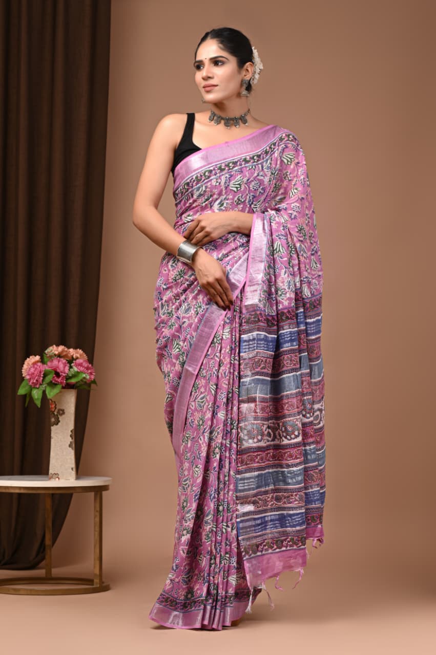 102503 Pure Rajasthani Natural Cotton Linen Hand Printed Saree
