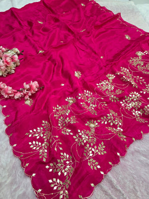 102601 Pure H.O. Silk Designer Saree with Rajasthani Aari Tari , Pearl and Gota Patti Work - Rani