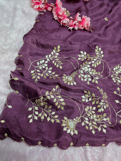 102601 Pure H.O. Silk Designer Saree with Rajasthani Aari Tari , Pearl and Gota Patti Work - Magenta