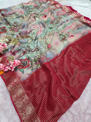 103203 Exclusive Pure Maslin Silk Traditional Print Saree with Zari Weaving Border