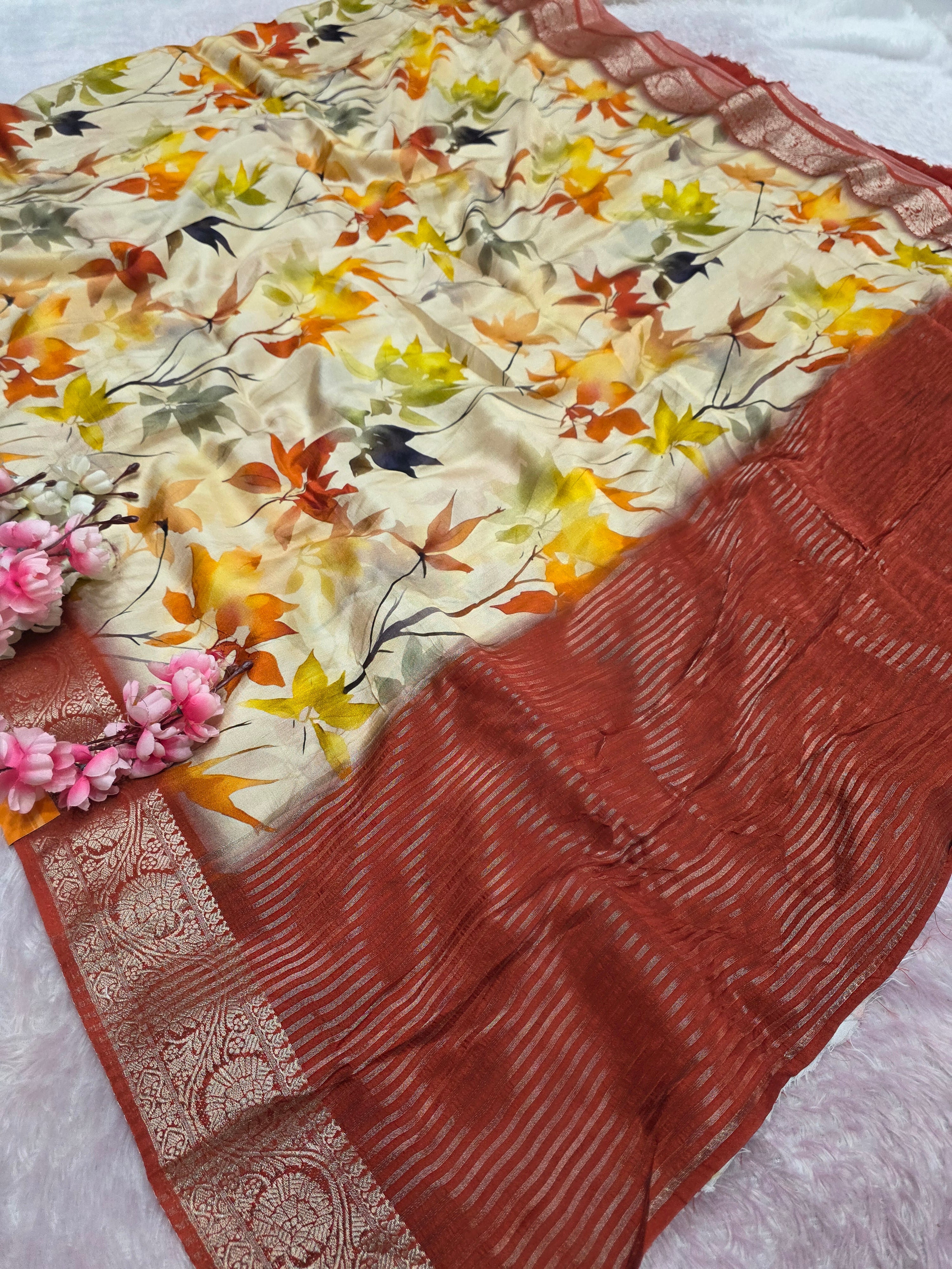 शुद्ध टसर सिल्क हाथ से बनी लेहरिया साड़ी प्रीमियम गोटापट्टी वर्क के साथ - 8837