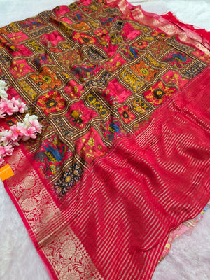 103201 Exclusive Pure Maslin Silk Traditional Print Saree with Zari Weaving Border