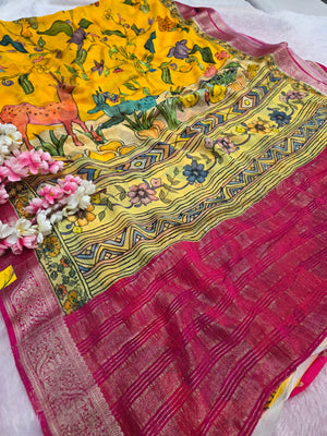 103807 Exclusive Pure Chinon Silk Traditional Print Yellow Saree with Zari Weaving Border