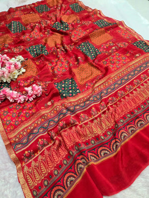 103806 Exclusive Pure Chinon Silk Traditional Print Yellow Saree with Zari Weaving Border