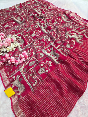103803 Exclusive Pure Chinon Silk Traditional Print Saree with Zari Weaving Border