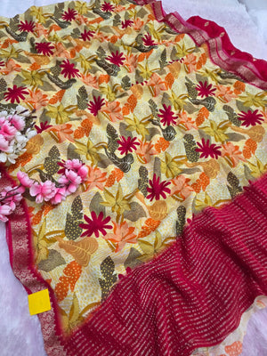 103801 Exclusive Pure Chinon Silk Traditional Print Cream Saree with Zari Weaving Border