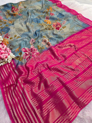 104008 Chitra Special Maslin Silk Designer Flower Print Saree with Zari Weaving Border