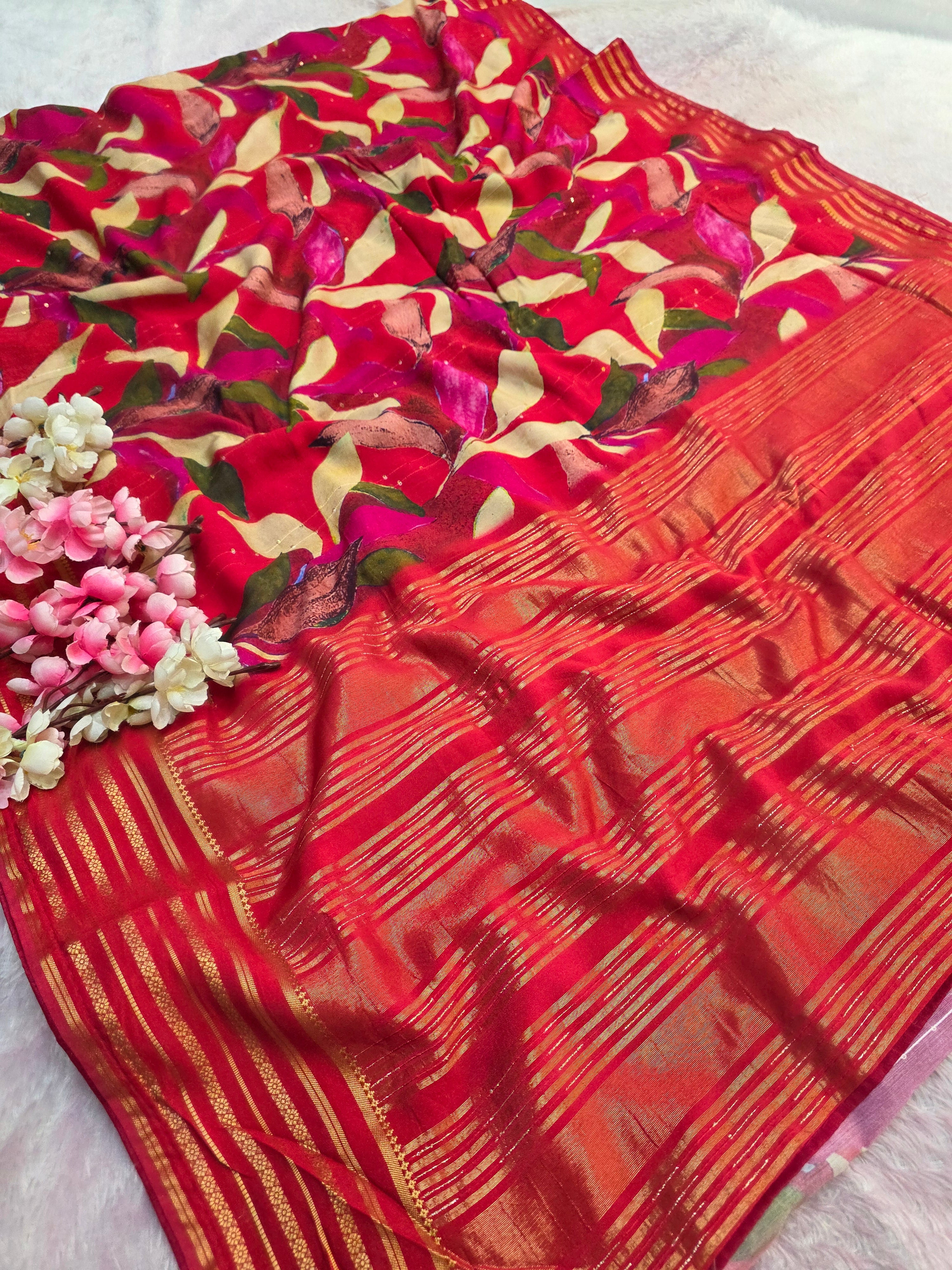 शुद्ध टसर सिल्क हाथ से बनी लेहरिया साड़ी प्रीमियम गोटापट्टी वर्क के साथ - 8837