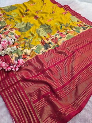 104006 Chitra Special Maslin Silk Designer Hand Print Saree with Zari Weaving Border