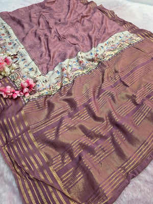 104005 Chitra Special Maslin Silk Designer Hand Print Saree with Zari Weaving Border