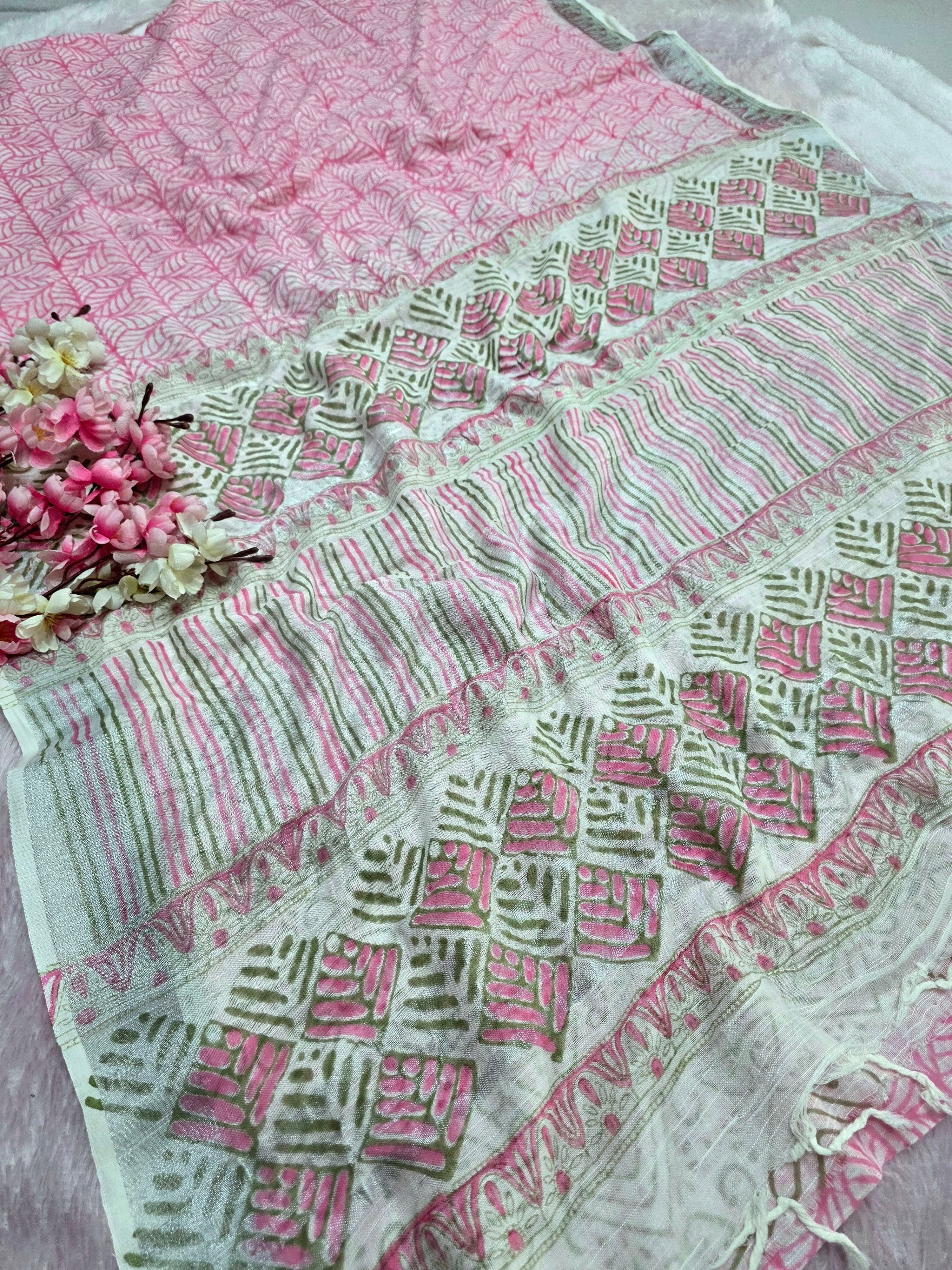 104103 Pure Rajasthani Natural Cotton Linen Hand Printed Saree