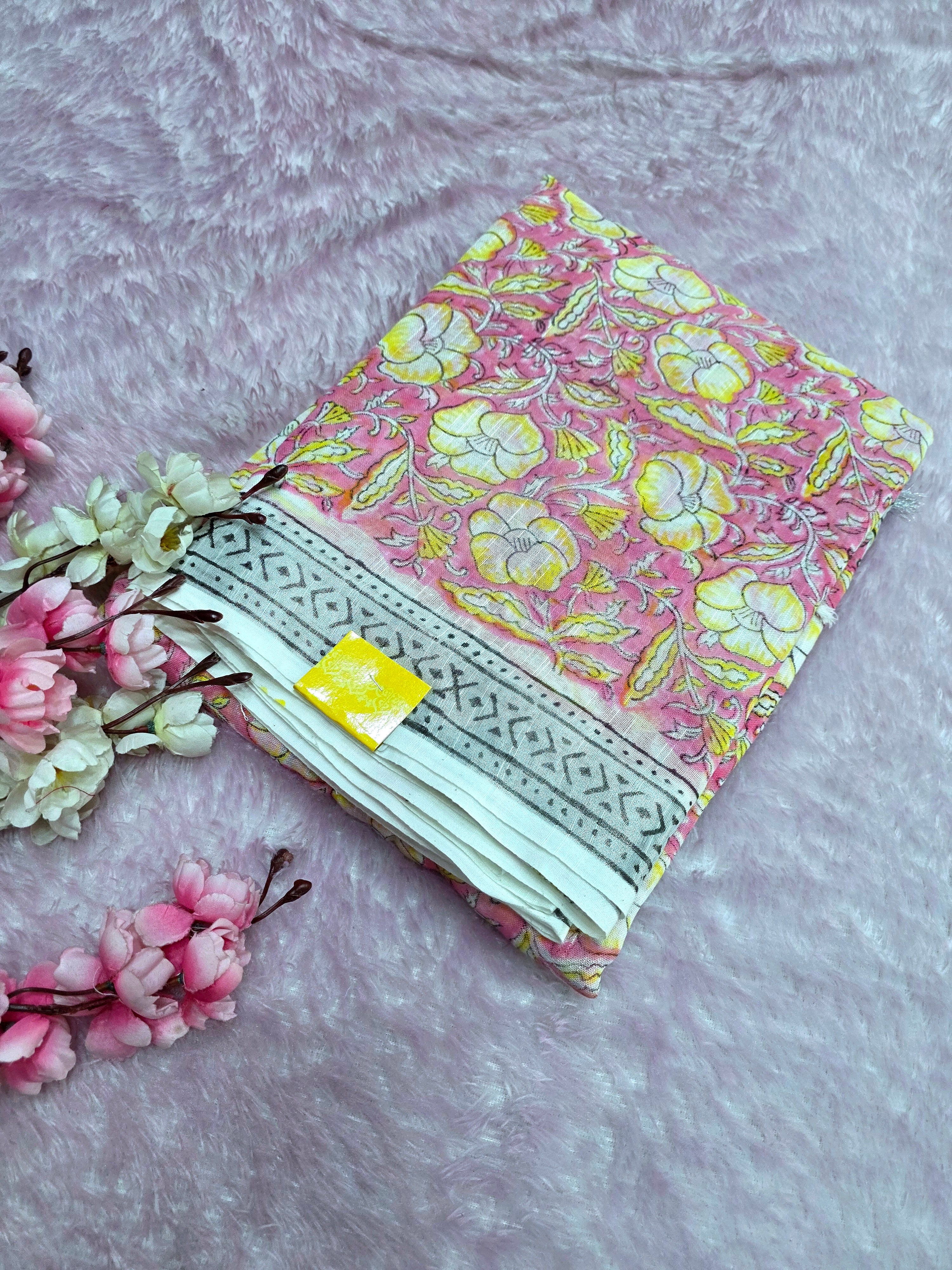 104102 Pure Rajasthani Natural Cotton Linen Hand Printed Saree