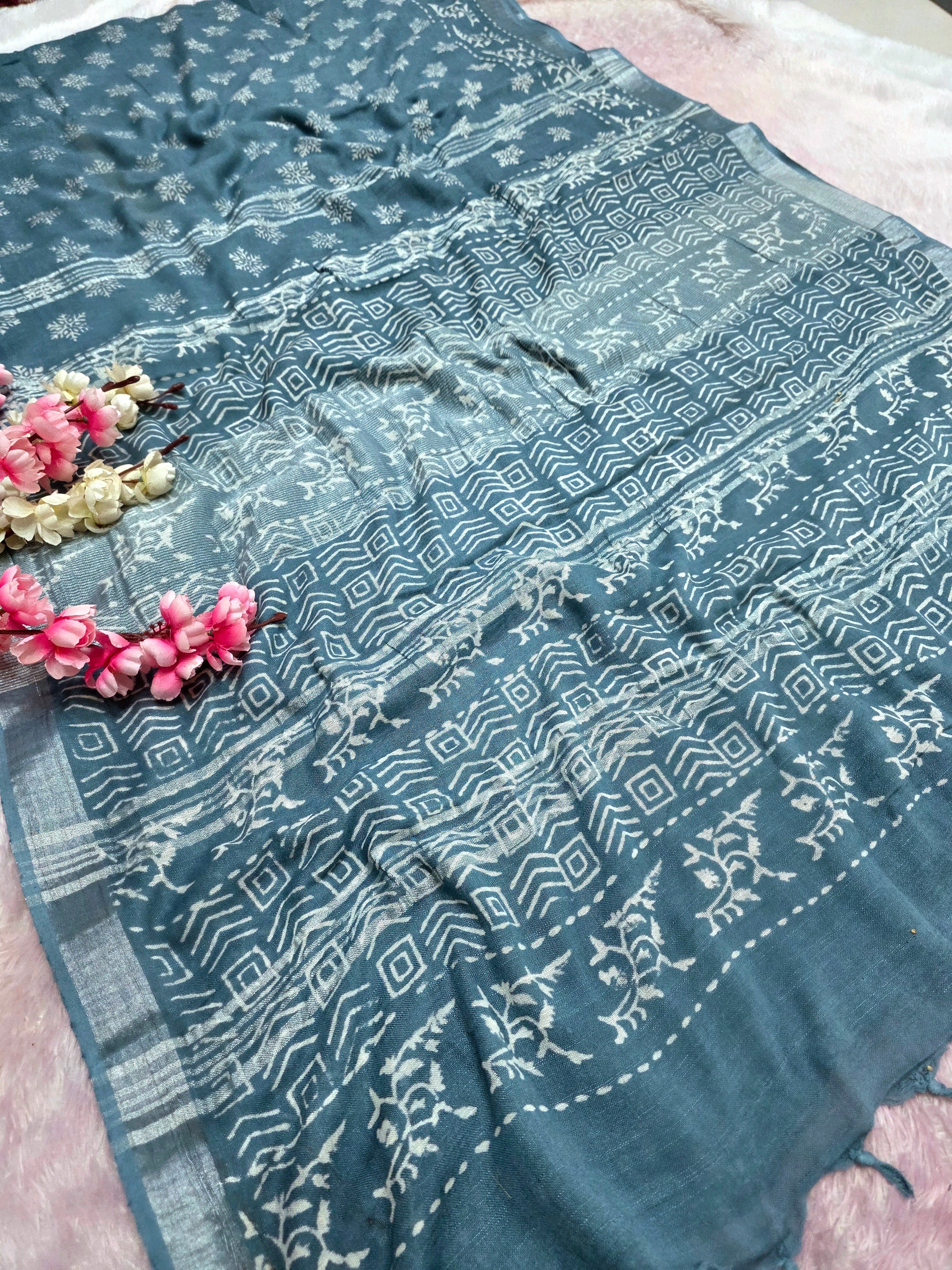 104101 Pure Rajasthani Natural Cotton Linen Hand Printed Saree