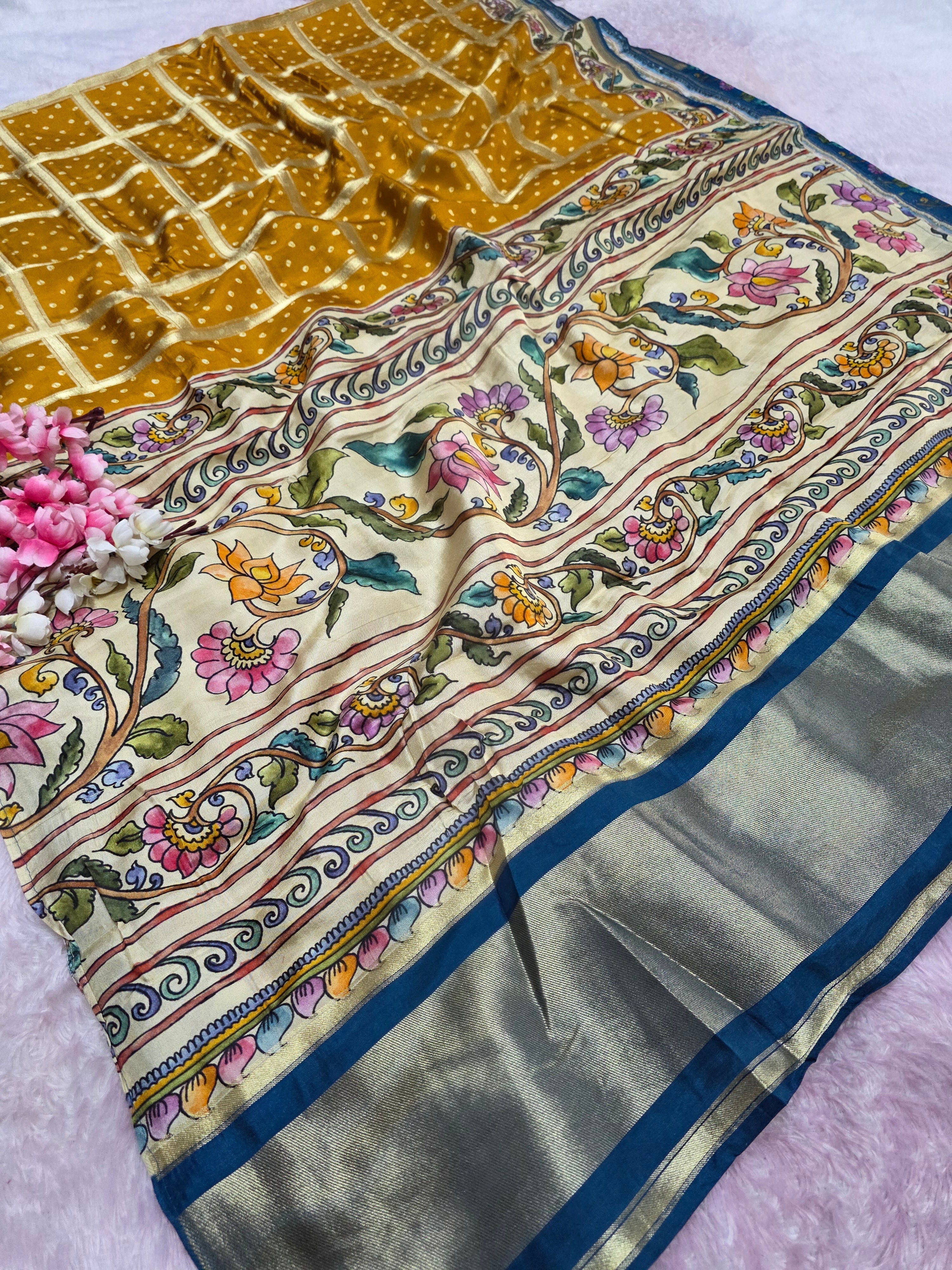 CA1030 Pure Viscose Silk Rajasthani Ghatchola Saree with Zari Checks and Kalamkari Work