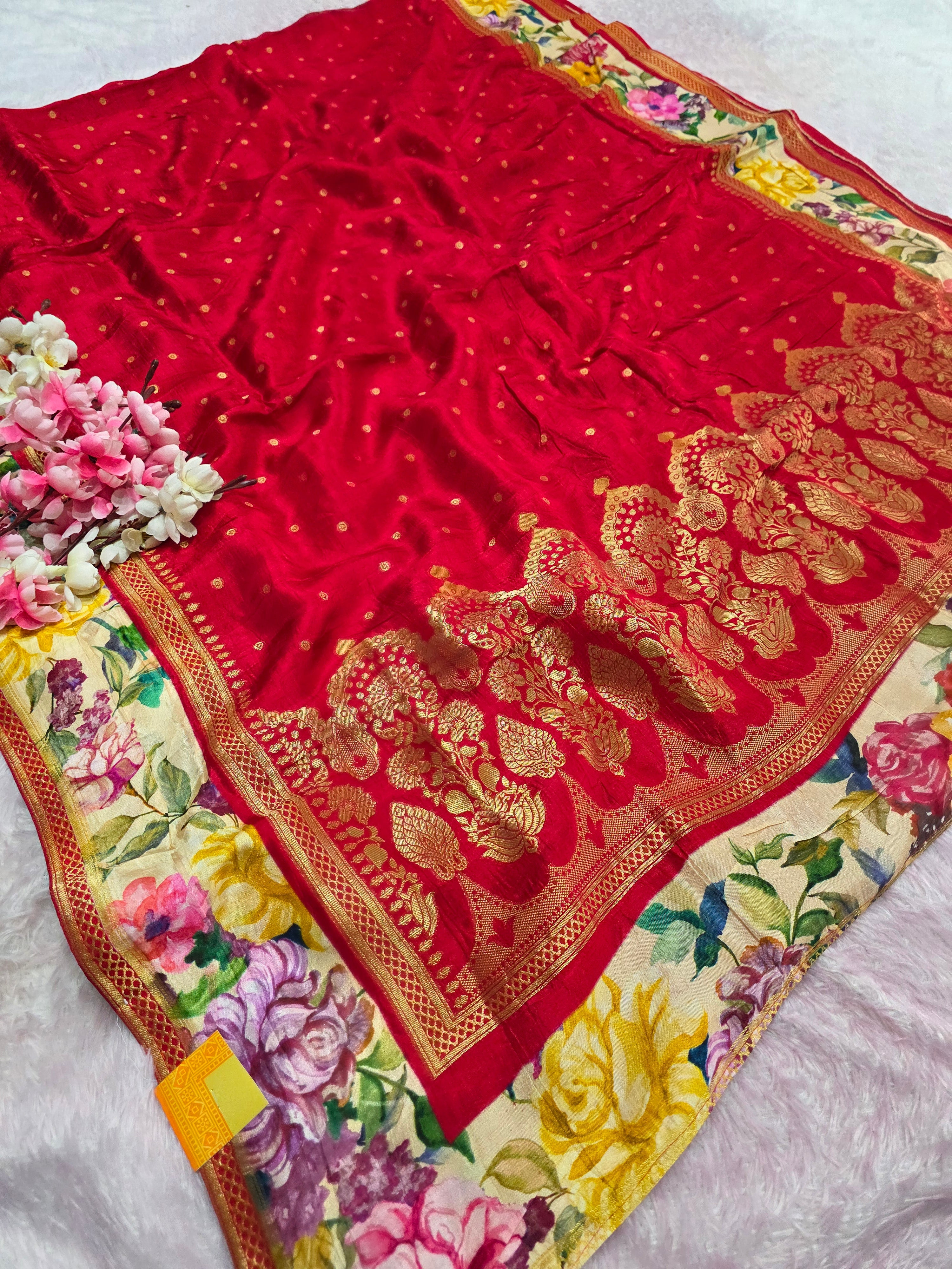 CA1029 Pure Viscose Silk Rajasthani Small Zari Butta Saree with Colorful Flower Print Border
