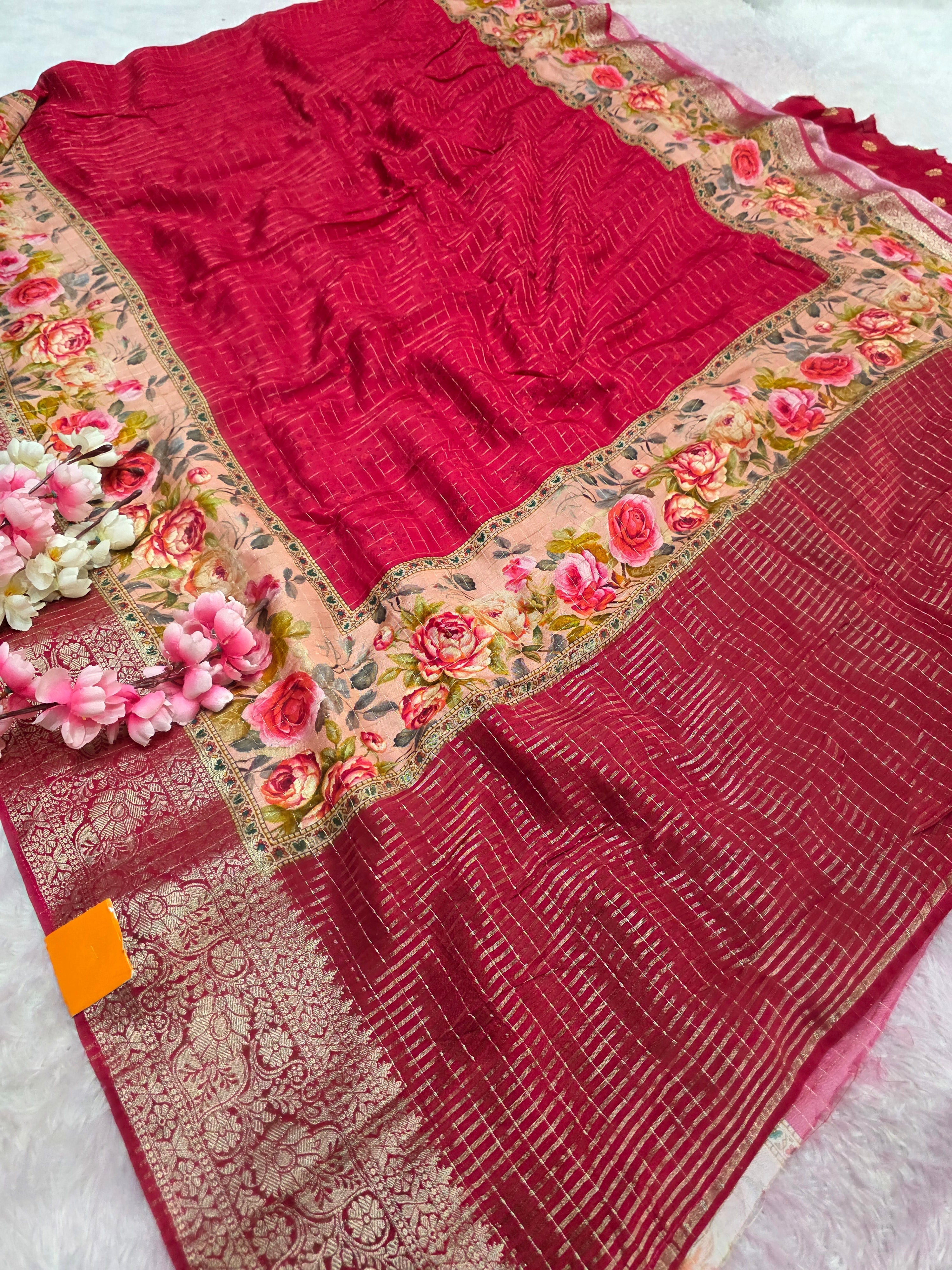 CA1025 Pure Viscose Silk Rajasthani Style Saree with Small Zari Checks and Zari Weaving Border