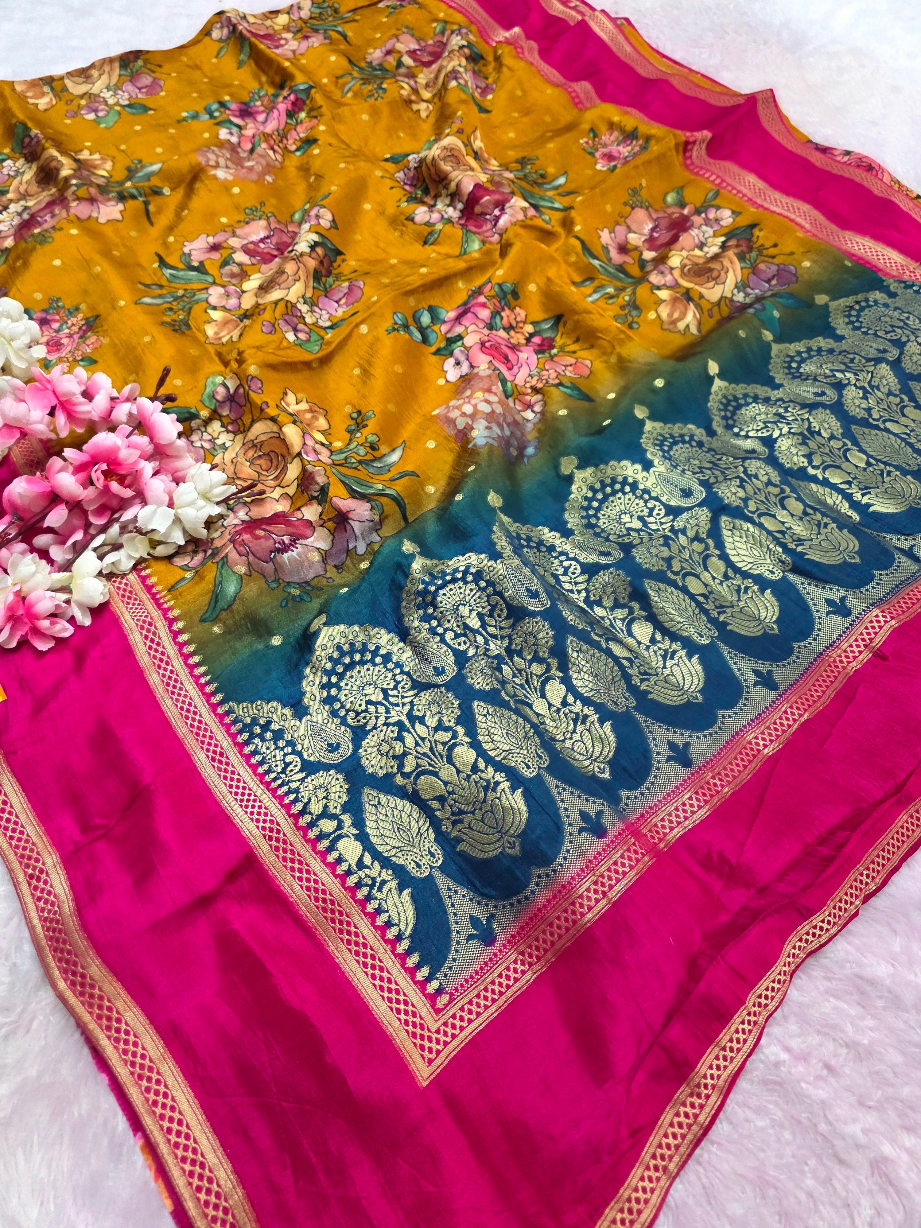 CA1028 Pure Viscose Silk Rajasthani Small Zari Butta Saree with Colorful Flower Print
