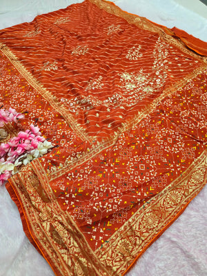 CA6690 Pure Dola Silk Lehariya Saree with Patola Having hand Pitta Work - Orange