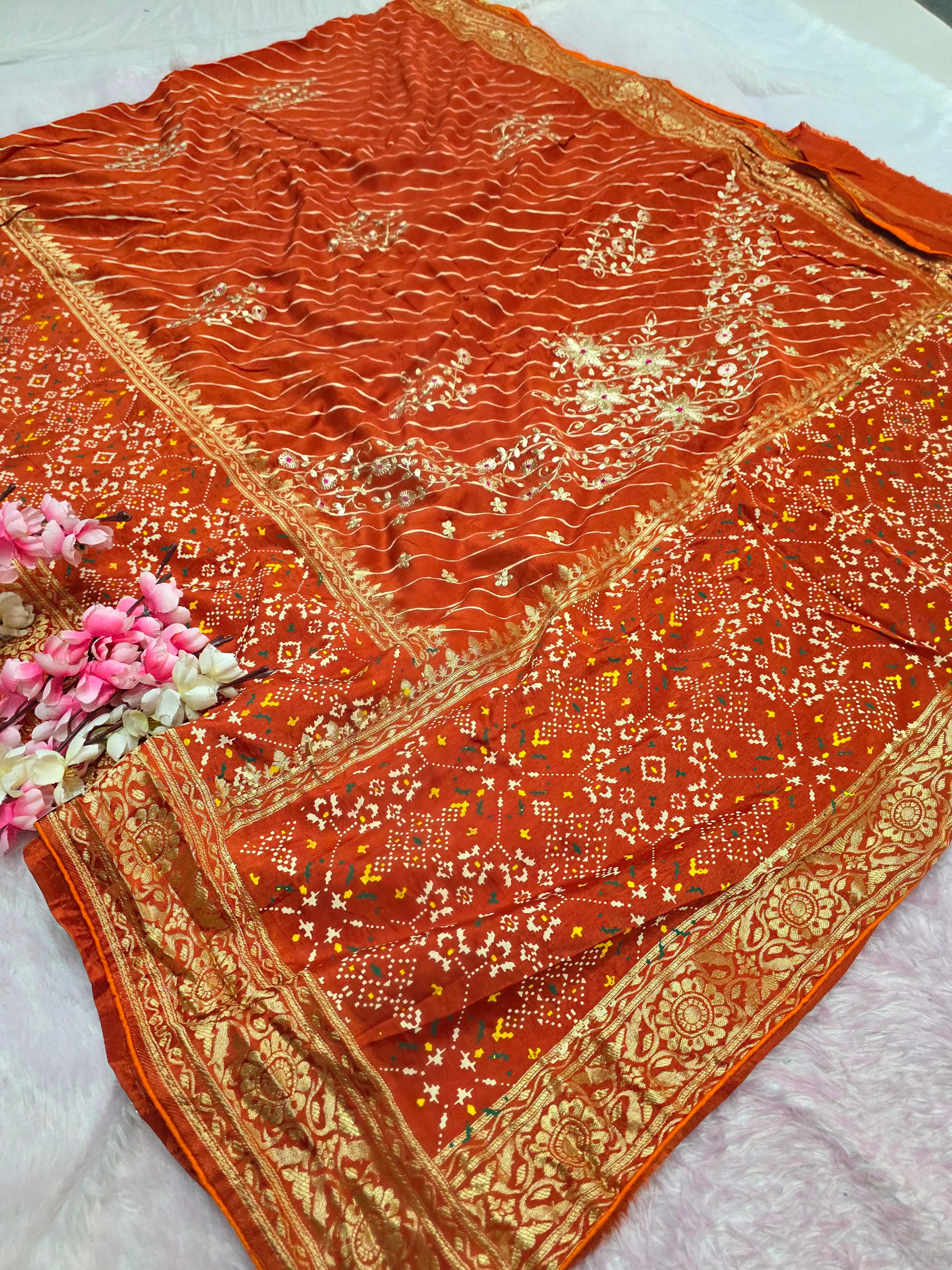 CA0690 Pure Dola Silk Lehariya Saree with Patola Having hand Pitta Work