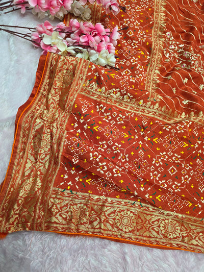 CA6690 Pure Dola Silk Lehariya Saree with Patola Having hand Pitta Work - Orange