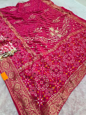 CA6690 Pure Dola Silk Lehariya Saree with Patola Having hand Pitta Work - Rani