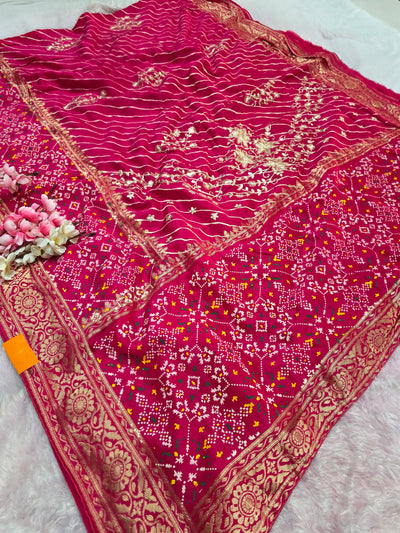 CA6690 Pure Dola Silk Lehariya Saree with Patola Having hand Pitta Work - Rani