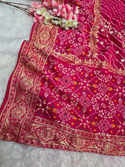 CA6690 Pure Dola Silk Lehariya Saree with Patola Having hand Pitta Work - Rani
