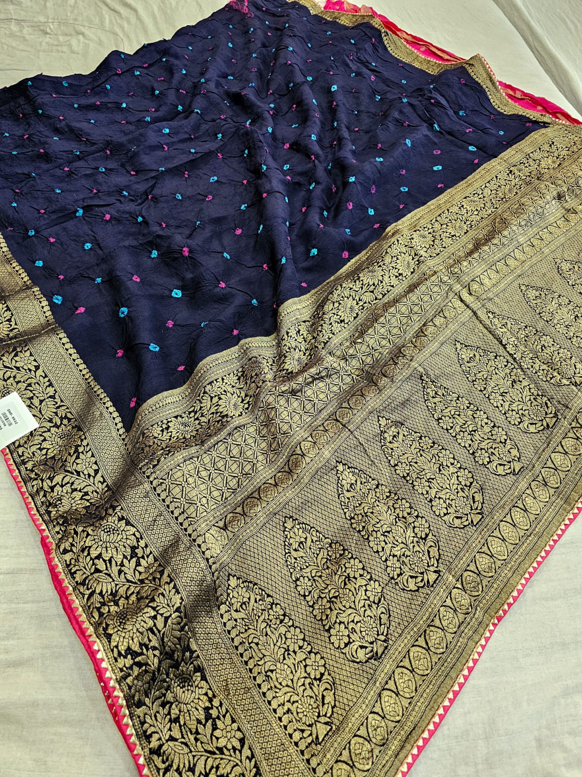 780018 Original Rajasthani Hand Bandhani Saree with Zari Work (711001) - Navy