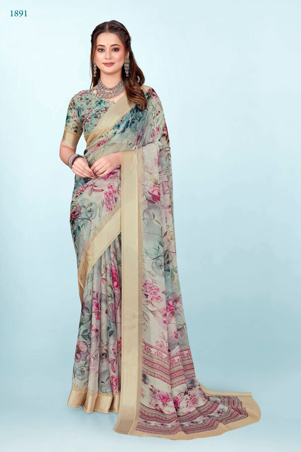 943011 Exclusive Flower Printed Crepe Silk Saree with Satin Border