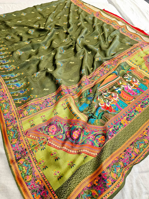 699001 Kashmiri Pashmina Work Saree on Original Kashmiri Dola Silk - Green