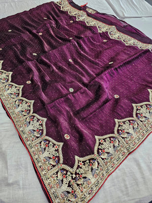719004 Designer Pure Tissue Silk Wedding Style Saree With Heavy Border Work - wine