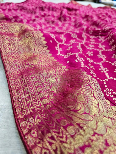 711006 Designer Bandhani Saree with Banarasi Pallu and Border - Rani