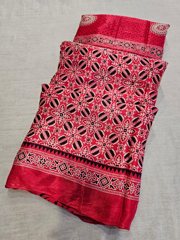 1931 Traditional Ajrakh Printed Gajji Silk Lagadi Patta Pallu Saree - Gajari