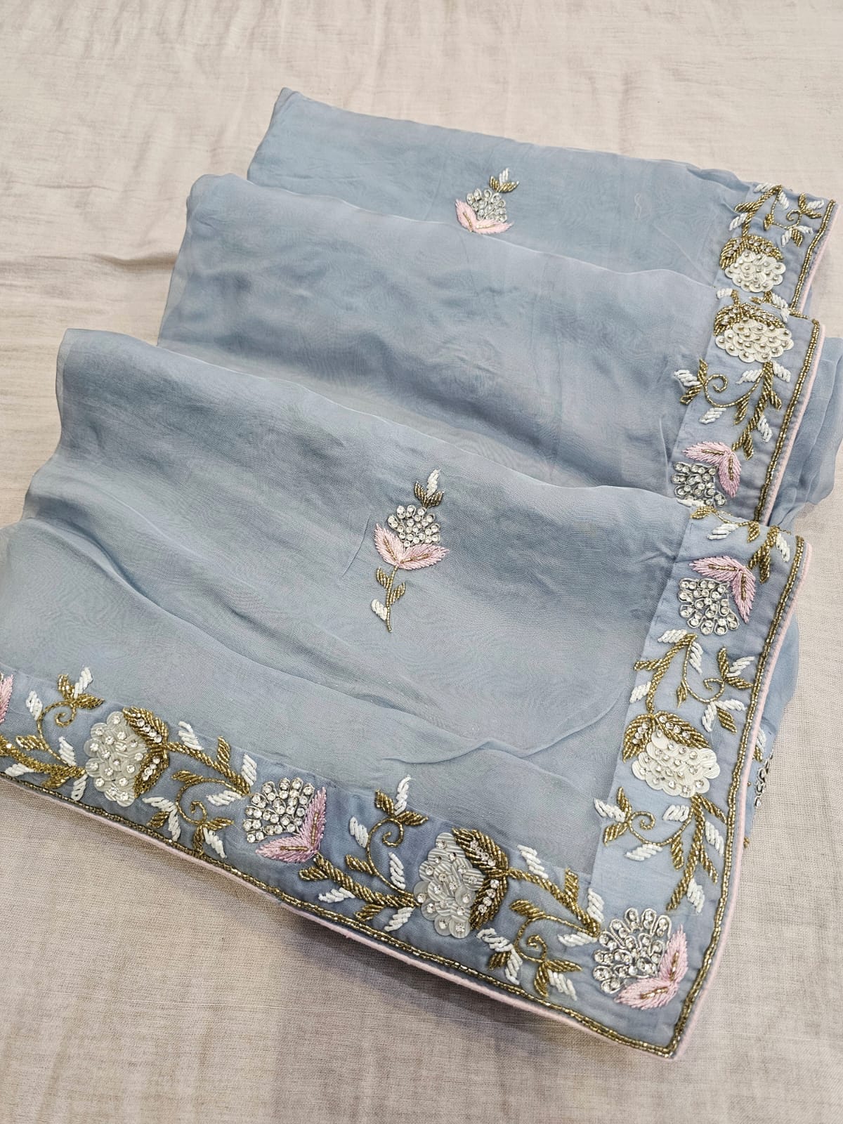 C74005 Elegant Pure Organza Saree Hand Embroidered with Diamond and Cutdana