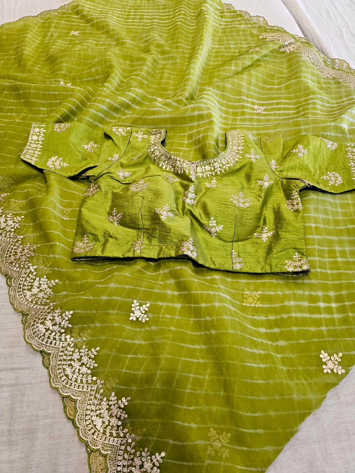 8659 Designer Pure Organza Pitta Work Lehriya Saree With Heavy