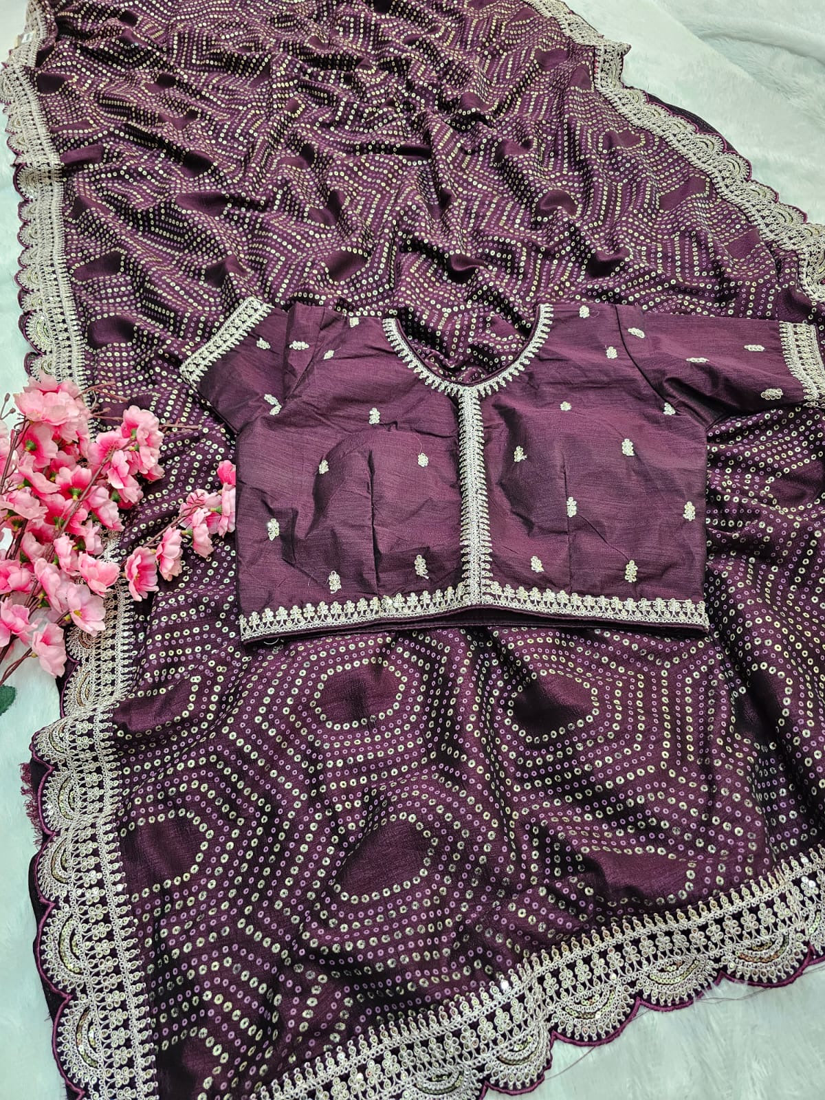 781001 Designer Bandhani Print Dola Silk Saree with Stitched Blouse