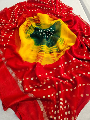 752004 Pure Georgette Multicolor Satin Patta Border Bandhani Saree - Red