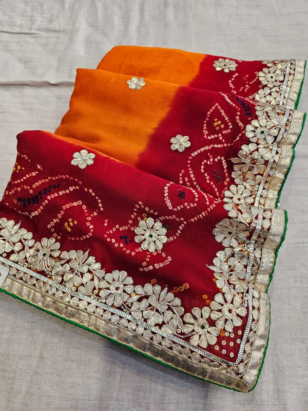 722007 Traditional Rajasthani Pila Bandhani Saree With Gota Patti Work