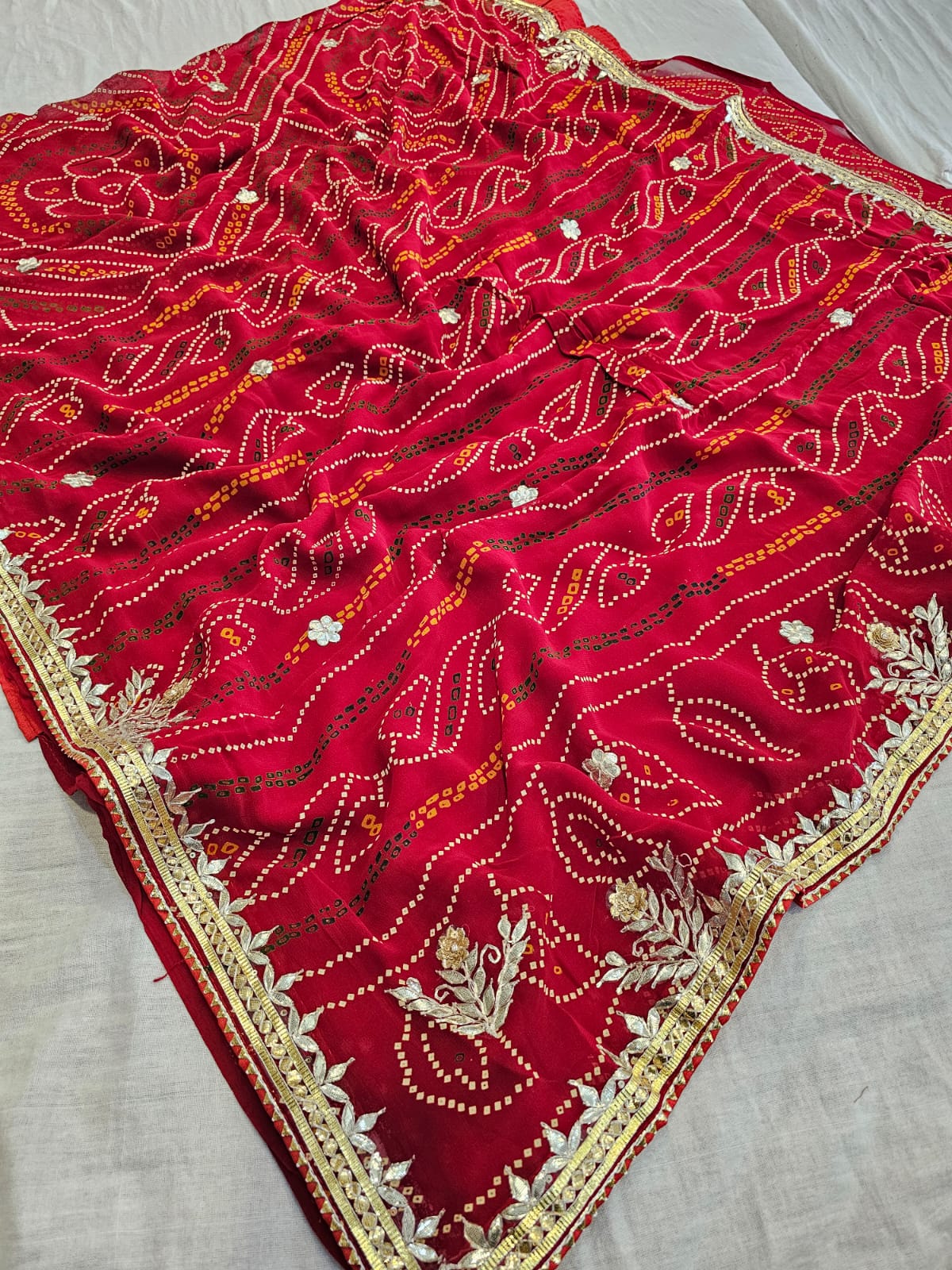 722002 Traditional Bandhani Saree With Rajasthani Gota Patti Work