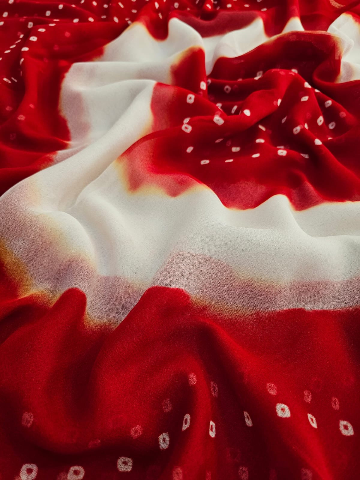 752003 Faag Special Pure Georgette Red and White Satin Patta Border Bandhani Saree 766