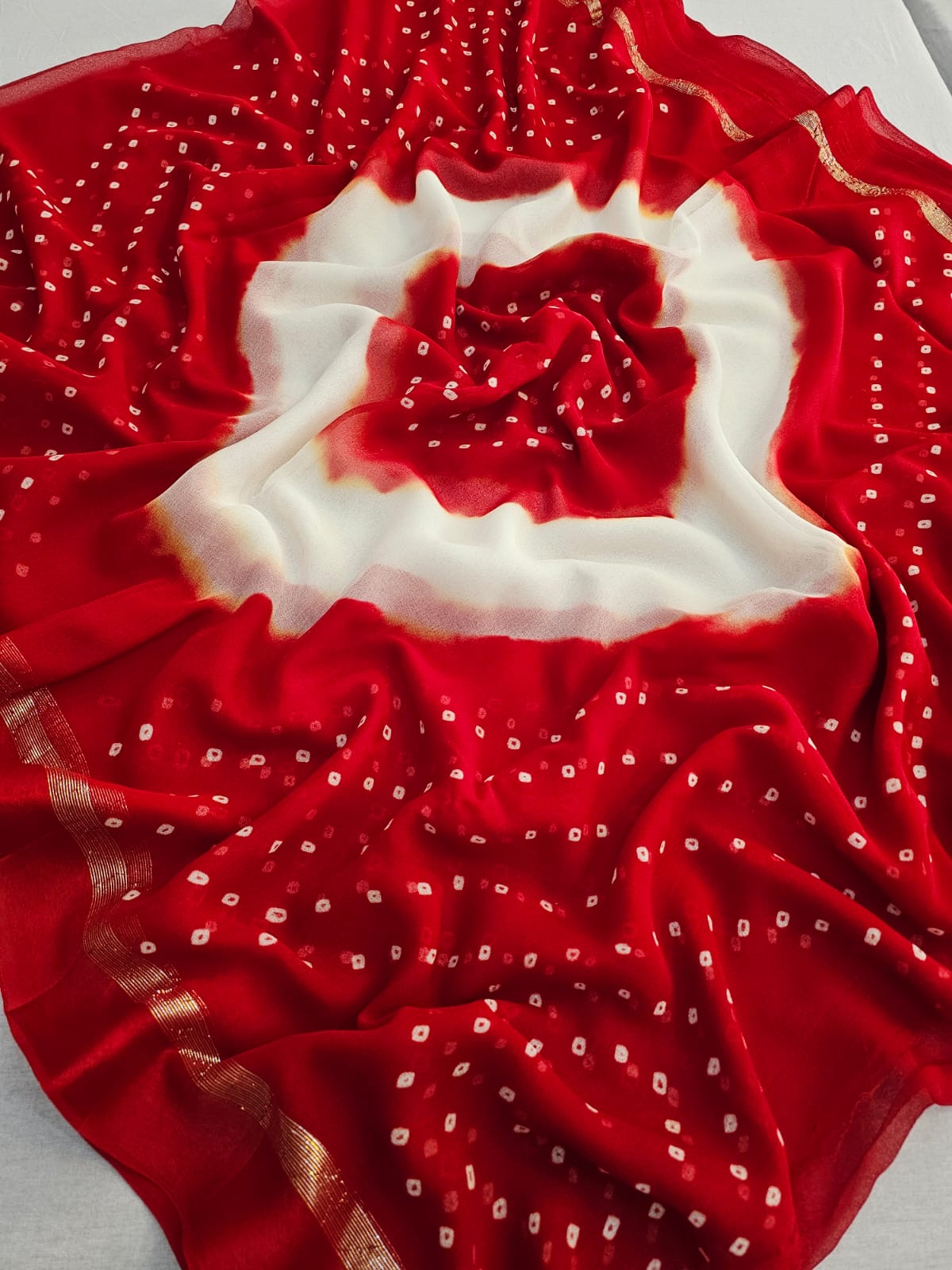 752003 Faag Special Pure Georgette Red and White Satin Patta Border Bandhani Saree 766