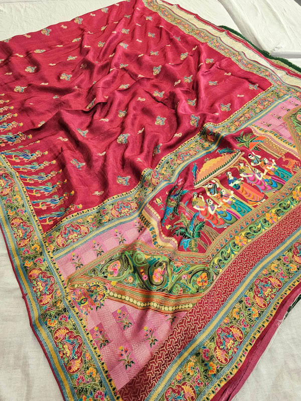 699001 Kashmiri Pashmina Work Saree on Original Kashmiri Dola Silk - Maroon