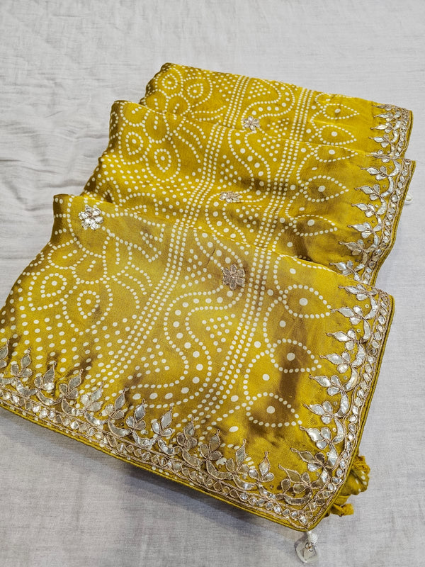 714001 Ajrakh Print Semi Gajji Silk Saree with Rajasthani Gota Patti Work